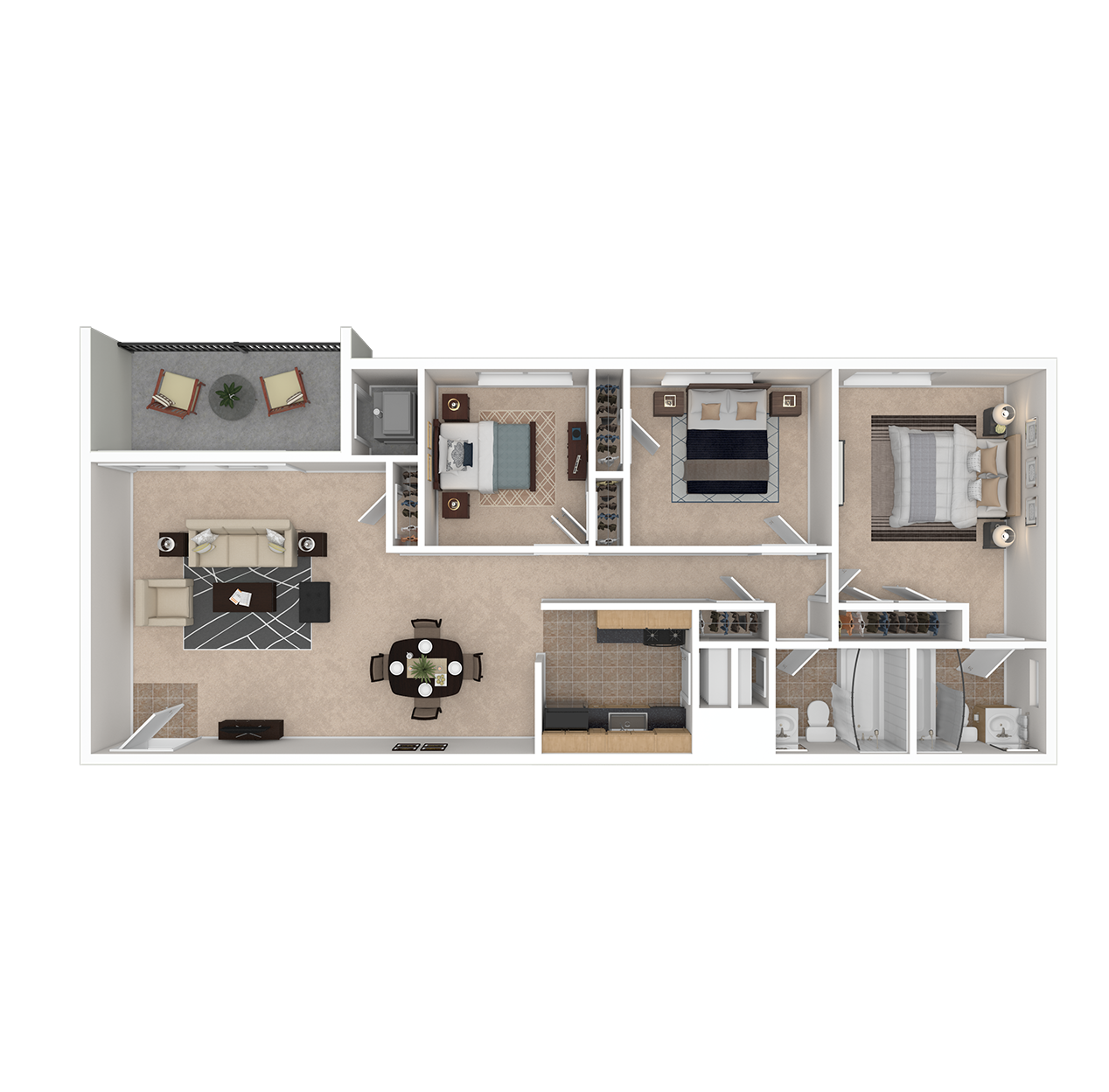 Floor plan for 3 beds, 2 baths, 957 sqft